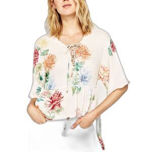 Zara Semi-Sheer Ivory Floral Lace Up Neckline Kimono Sleeve Peplum Top Size M